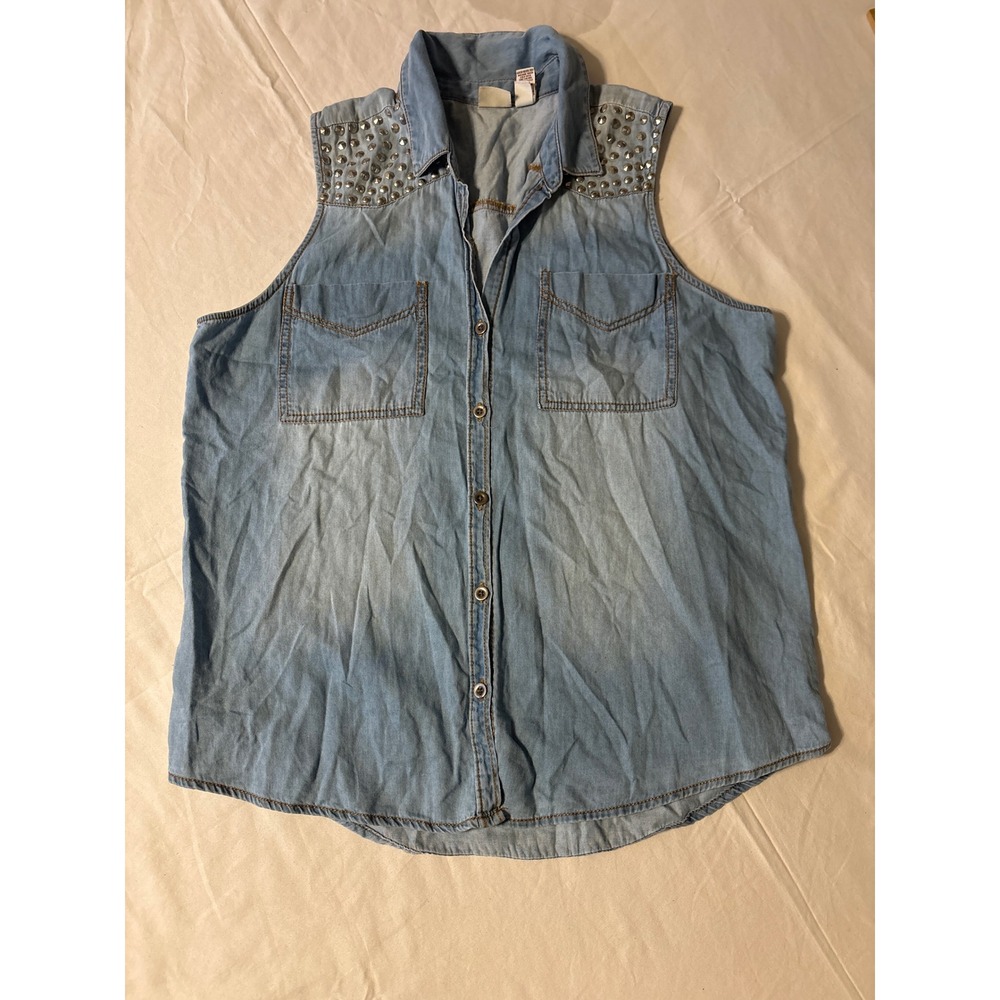 Mudd Denim Vest Women XL Light Blue  Studded Sleeveless Button Up Shirt